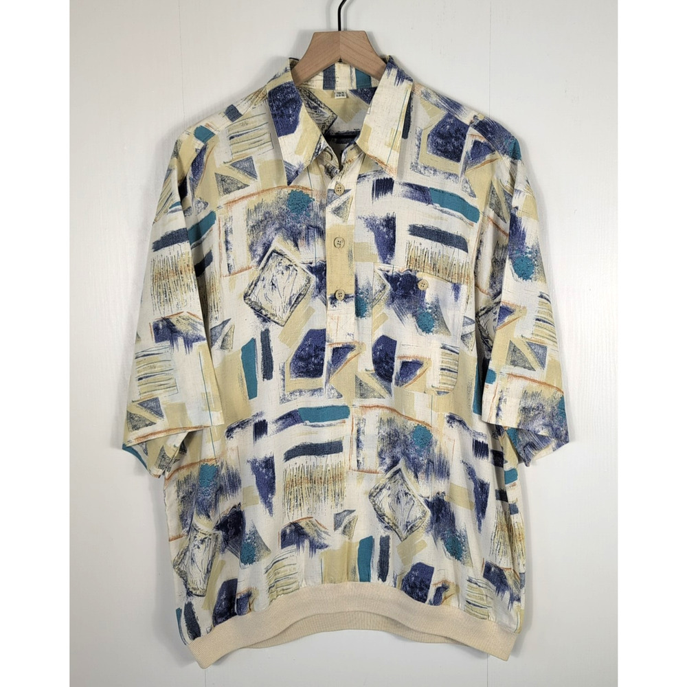 Vintage Abstract Art Print Polo Shirt Mens XL Beige Blue Pullover Retro 90s Styl